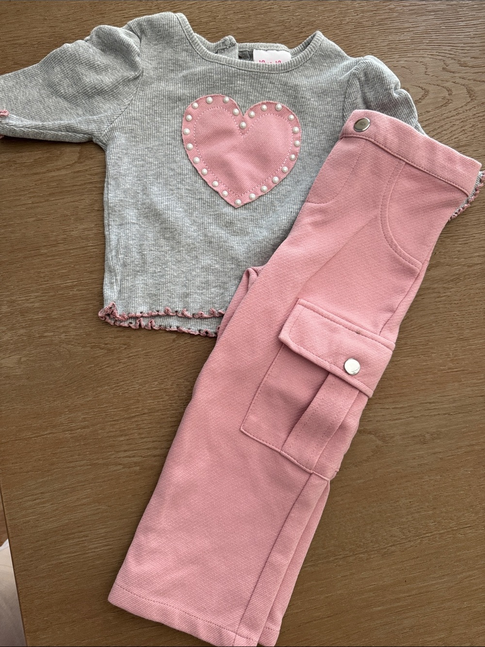 Little Lass Pink Cargo Joggers for Girls and Matching Grey Ribbed Heart Top